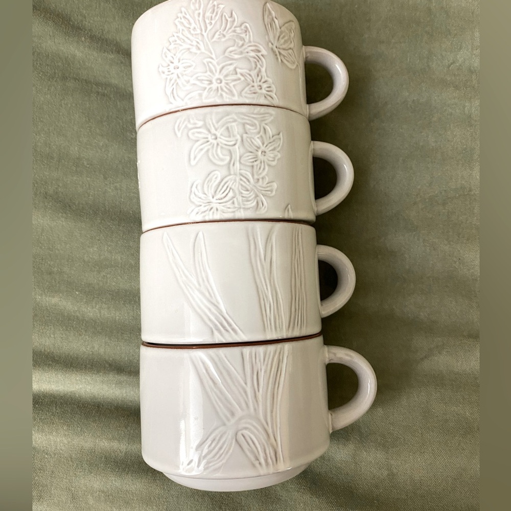 Pier 1 Imports White Floral Butterflies Stacking Mug 8oz Set of 4.  UBM